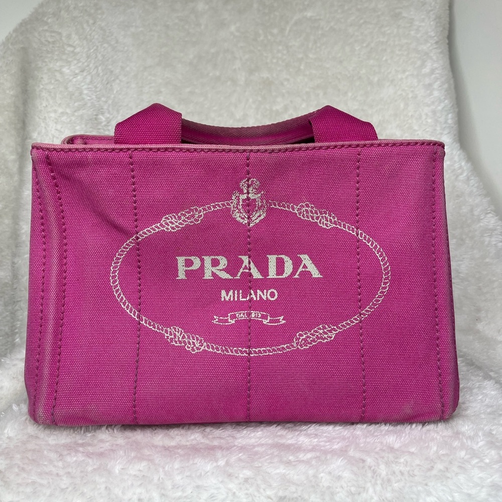 Prada Small Pink Canvas / Denim Canapa Handbag, Logo Tote